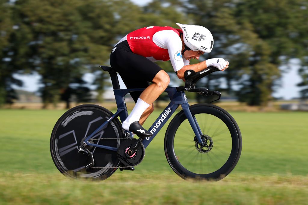 EMMEN NETHERLANDS SEPTEMBER 20 Stefan Bissegger of Switzerland sprints during the 29th UEC Road Cycling European Championships 2023 Elite Mens Individual Time Trial a 295 km race from Emmen to Emmen UCIWT on September 20 2023 in Emmen Netherlands Photo by Bas CzerwinskiGetty Images