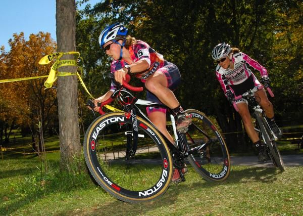 Katy Curtis leading Natasha Elliott with less than one lap remaining.