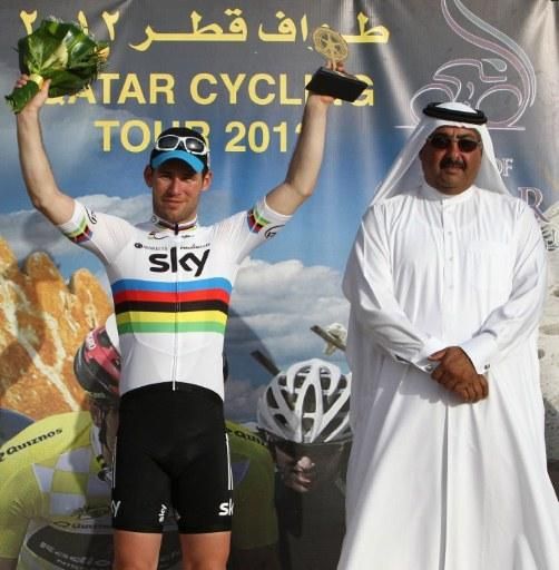 Stage 5 winner Mark Cavendish (Sky) on the podium.