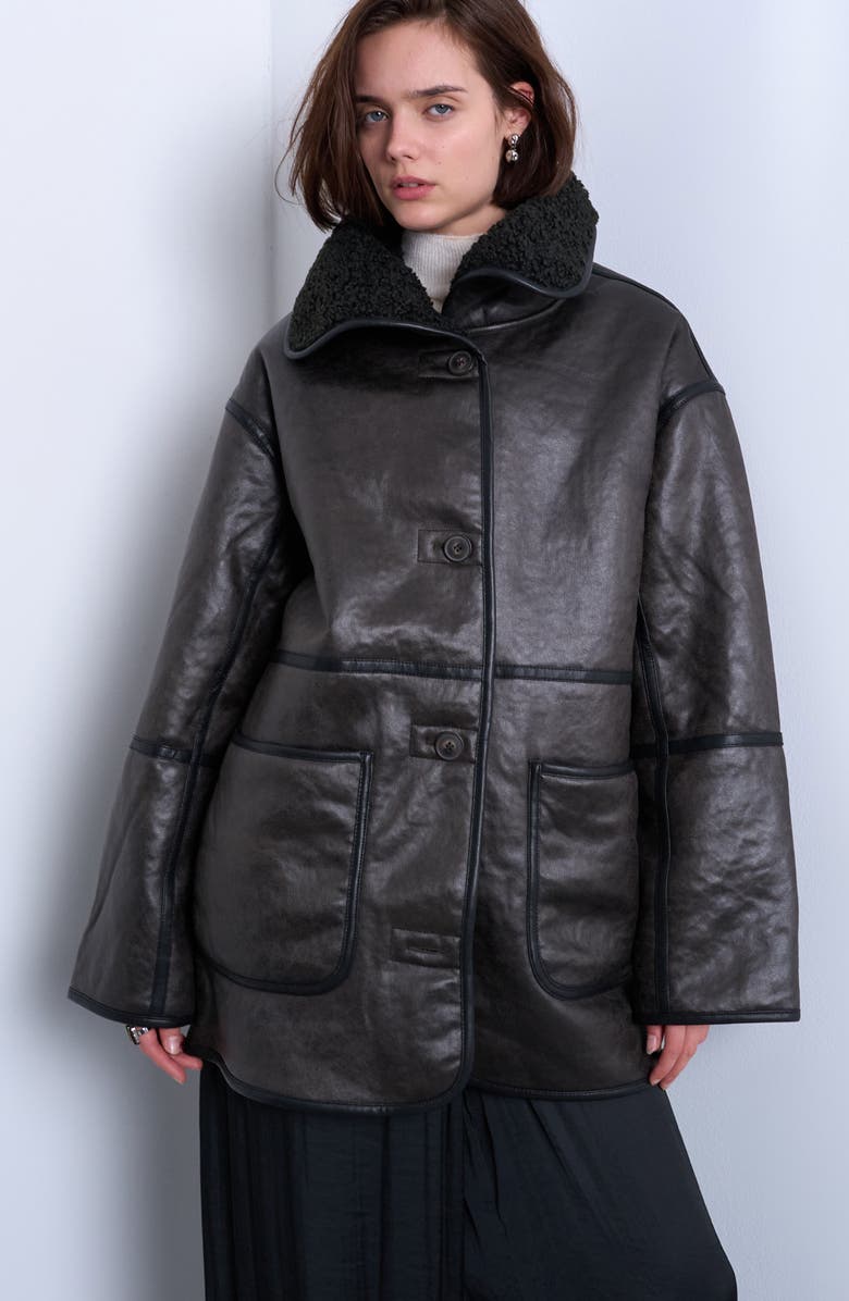 Oversize Faux Leather Car Coat With Faux Shearling Lining