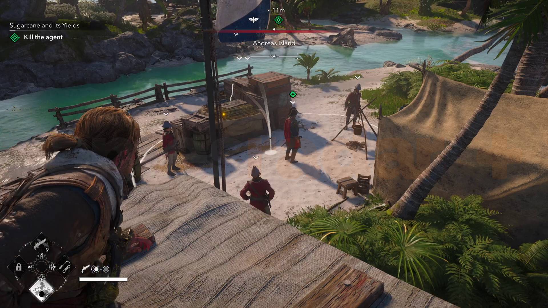 Assassin's Creed Black Flag Resynced Sugarcane and its Yields edawrd kenway on the roof of a tent preparing a smoke bomb while looking down on beckford's agent and some guards