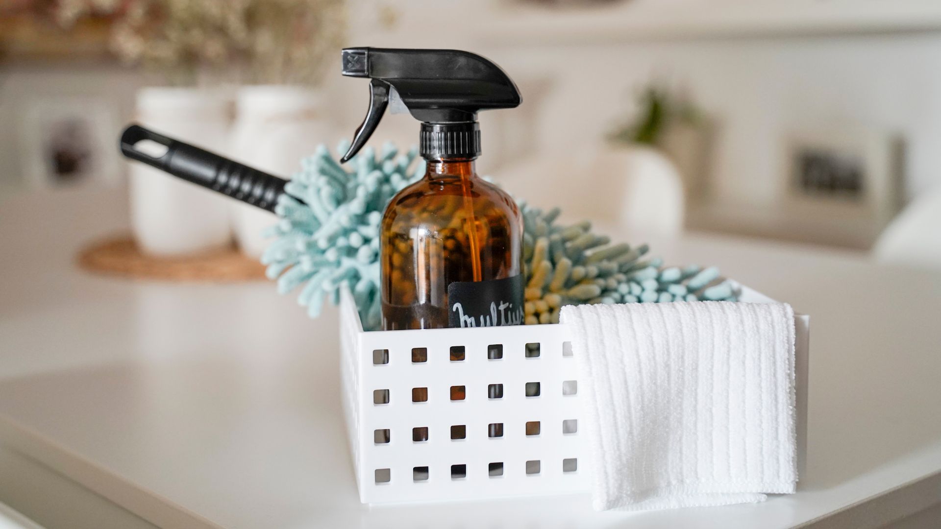 picture of cleaning products and tools in a box on countertop