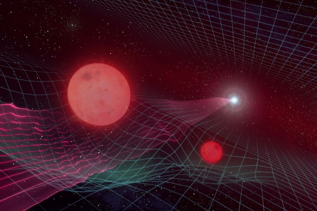 An artist&#039;s illustration shows two red dwarf stars warping space-time with their gravitational pull, distorting the view of a star much farther away. 