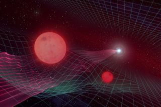 An artist's illustration shows two red dwarf stars warping space-time with their gravitational pull, distorting the view of a star much farther away. 