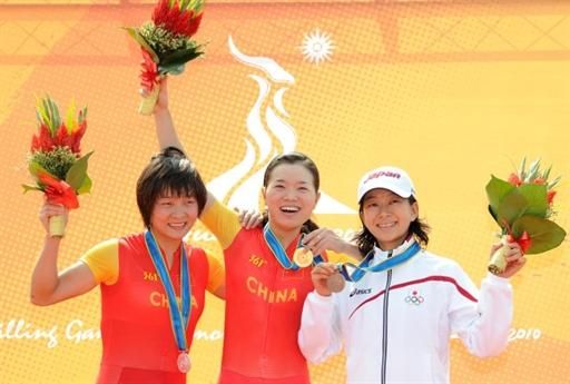 Women's cross country podium (l-r): Qinglan Shi (China), 2nd; Chengyuan Ren (China), 1st; Rie Katayama (Japan), 3rd