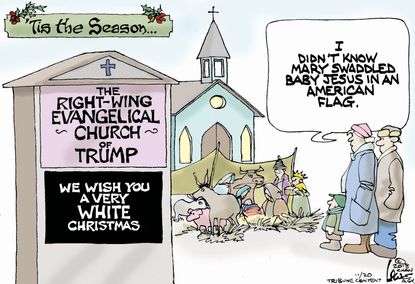 Political cartoon U.S. right-wing Trump racist baby Jesus American flag
