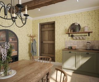 farmhouse style kitchen with yellow wallpaper with delicate floral pattern