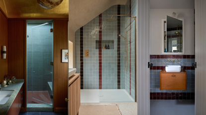 three bathrooms with brown and blue tiling