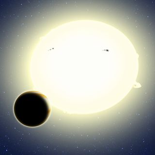 This artist's concept shows the first planet discovered by NASA's Kepler spacecraft during its K2 mission, a "super Earth" called HIP 116454b. The planet has a diameter of 20,000 miles, weighs 12 times as much as Earth and orbits its star once every 9.1 d