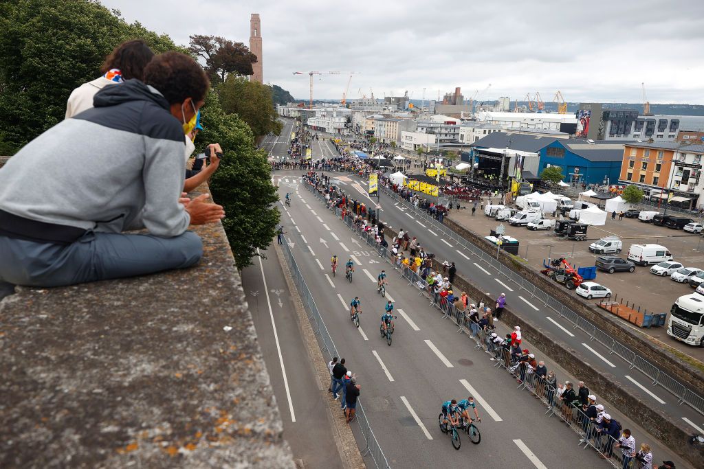 BREST FRANCE JUNE 24 Pierre Rolland of France Quentin Pacher of France Maxime Chevalier of France Franck Bonnamour of France Cyril Barthe of France Cyril Gautier of France Cyril Lemoine of France Bryan Coquard of France and Team BB Hotels pb KTM during the 108th Tour de France 2021 Team Presentation Public Fans Landscape LeTour TDF2021 on June 24 2021 in Brest France Photo by Chris GraythenGetty Images