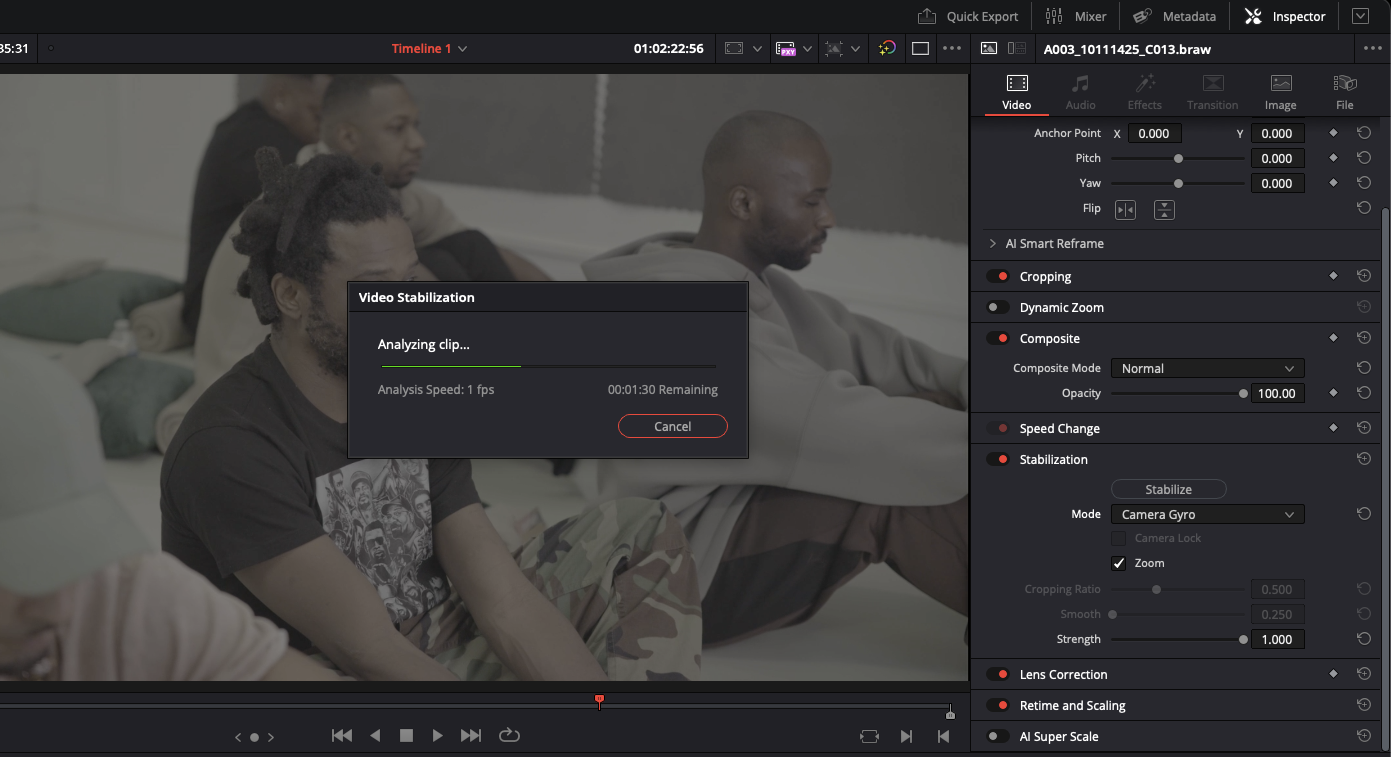 Screenshot showing stabilisation being applied to footage in editing software
