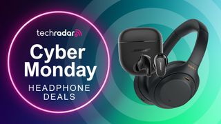 A pair of Bose earbuds and Sony headphones next to the words Cyber Monday headphone deals