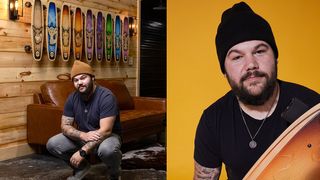 Bear Walker; a man sat in front of skateboards on a wall