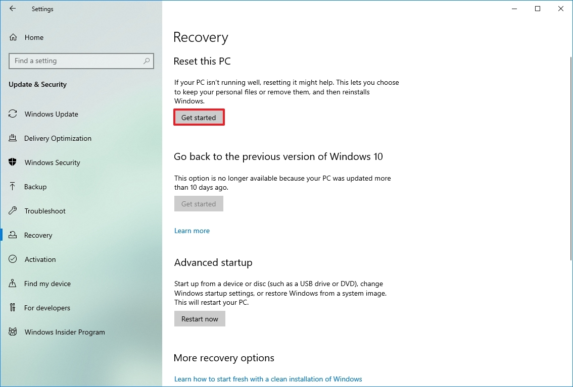 Windows 10 Reset This PC option