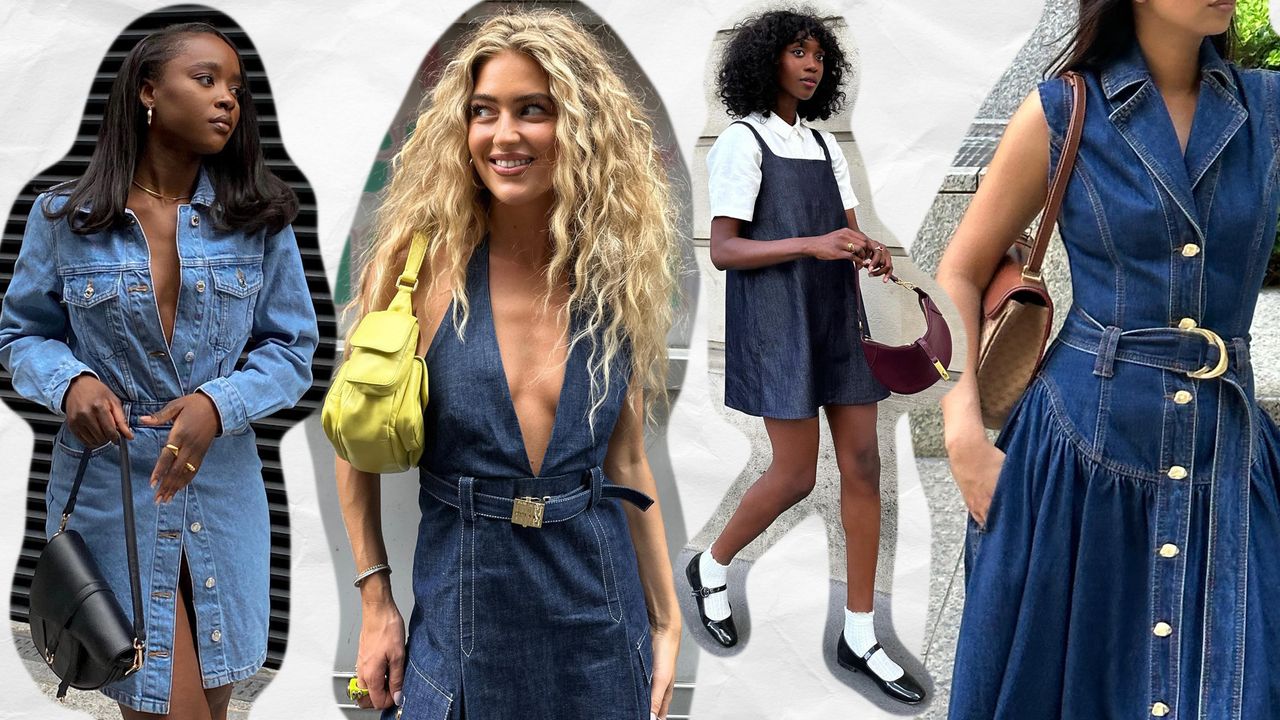 A collage of women wearing jean dress outfits.