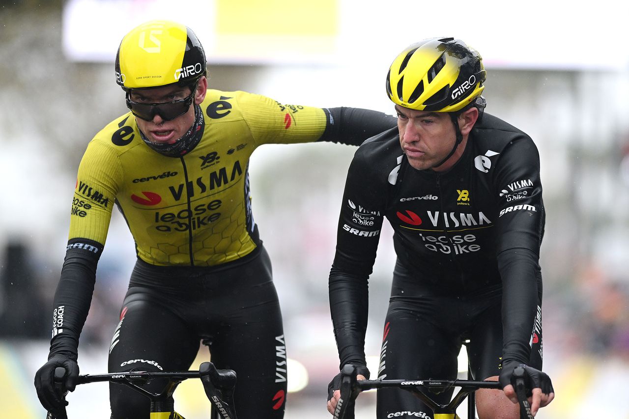 Visma-Lease a Bike riders Hagenes and Affini celebrate a successful day of racing