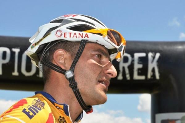 Kevin Evans at the finish of stage 2