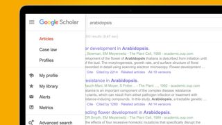 A laptop screen on an orange background showing the Google Scholar site