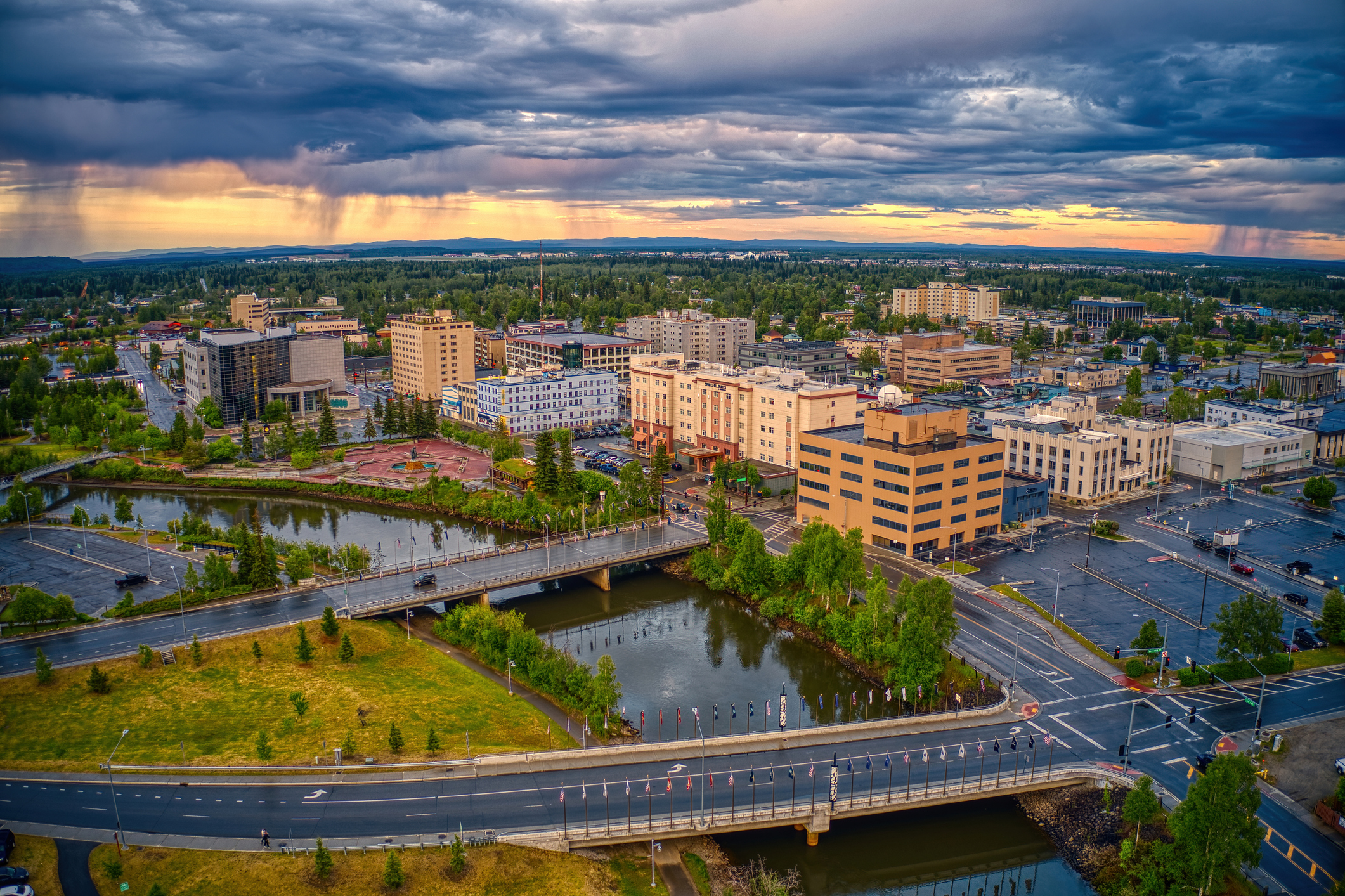 An aerial view of downtown Fairbanks, Alaska.