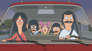 Belcher family in car while kids celebrate in Bob's Burgers Season 15