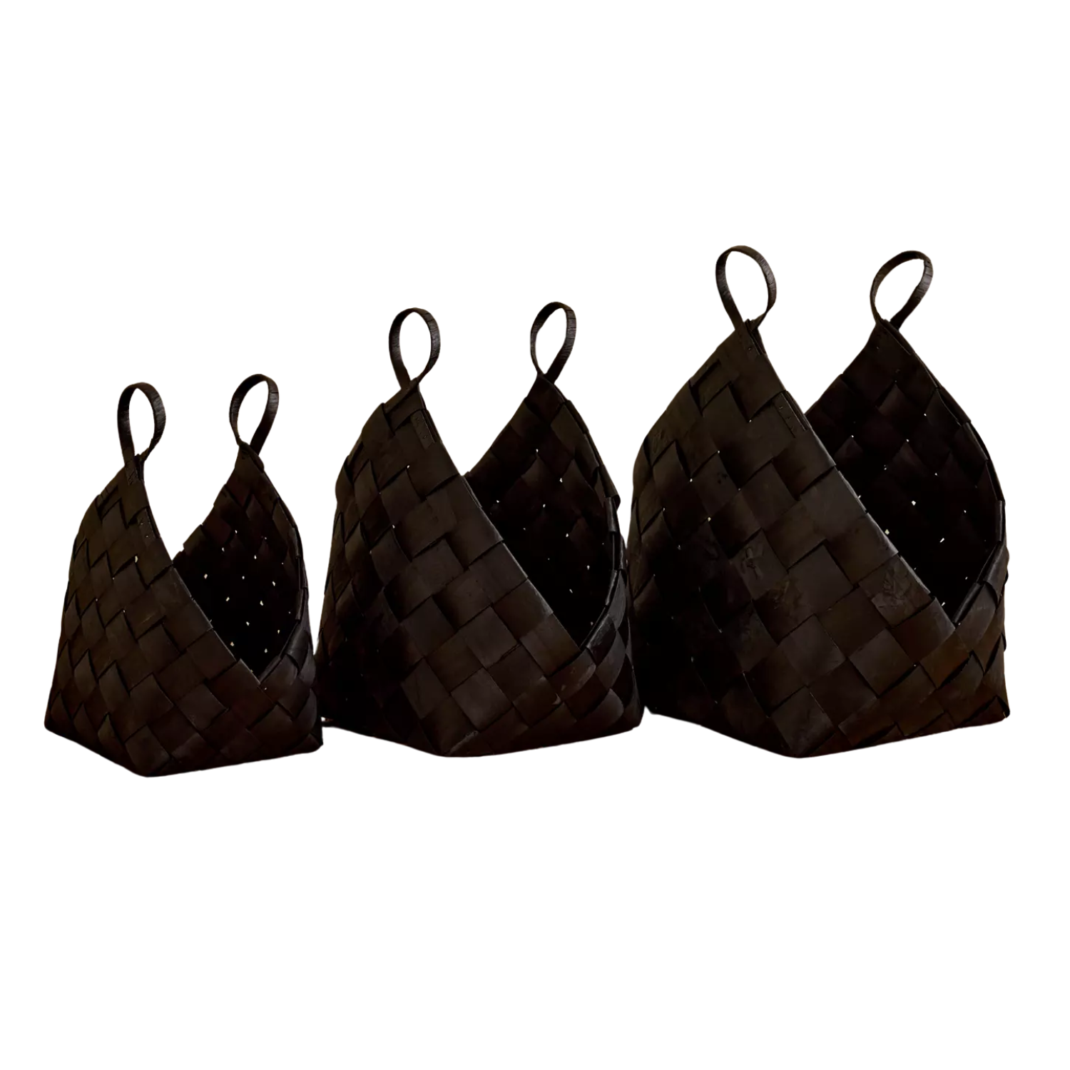 A set of three black woven baskets
