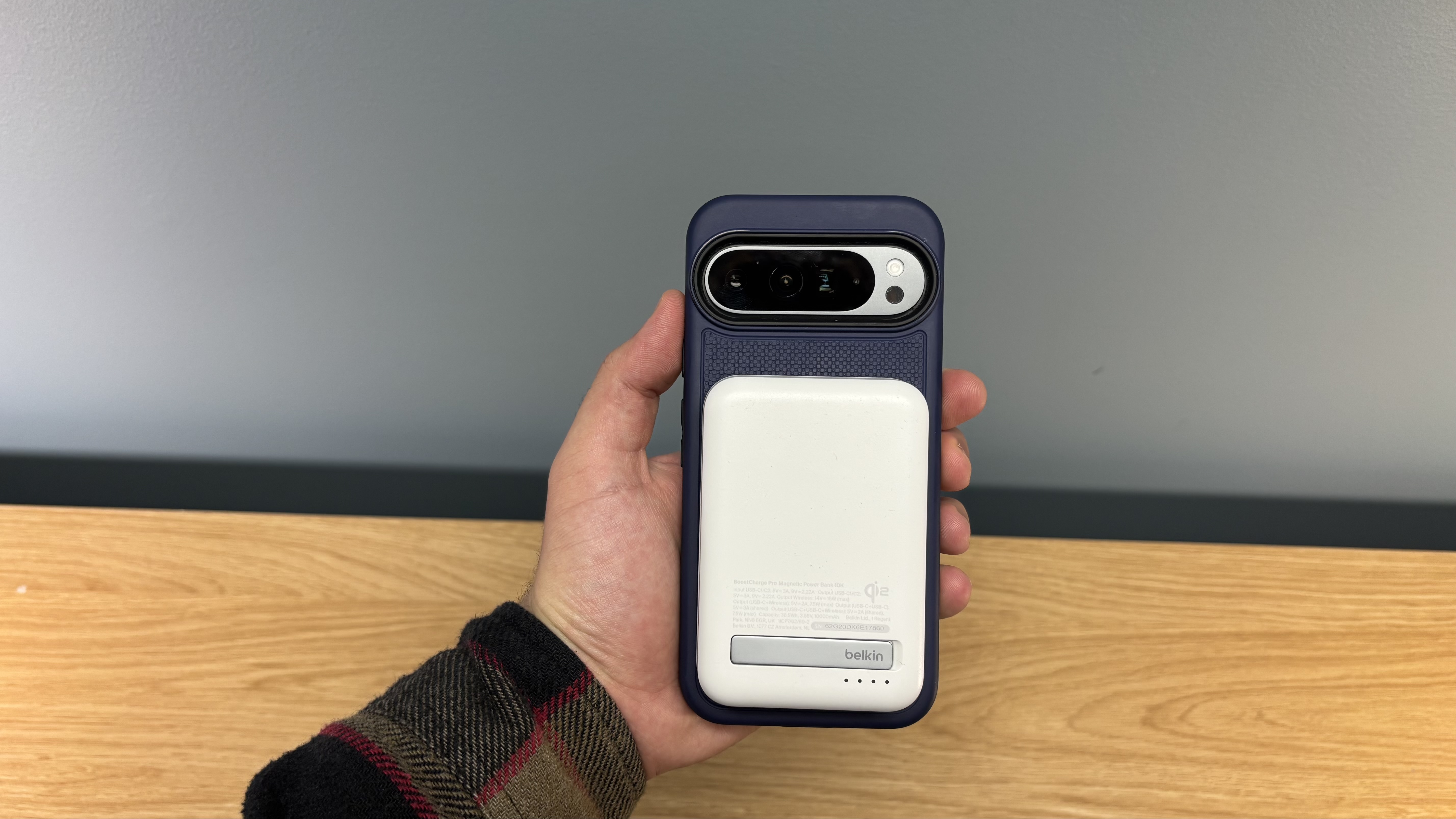Belkin Boostcharge Pro 15W Qi2 power bank on the back of a Google Pixel 9 Pro XL