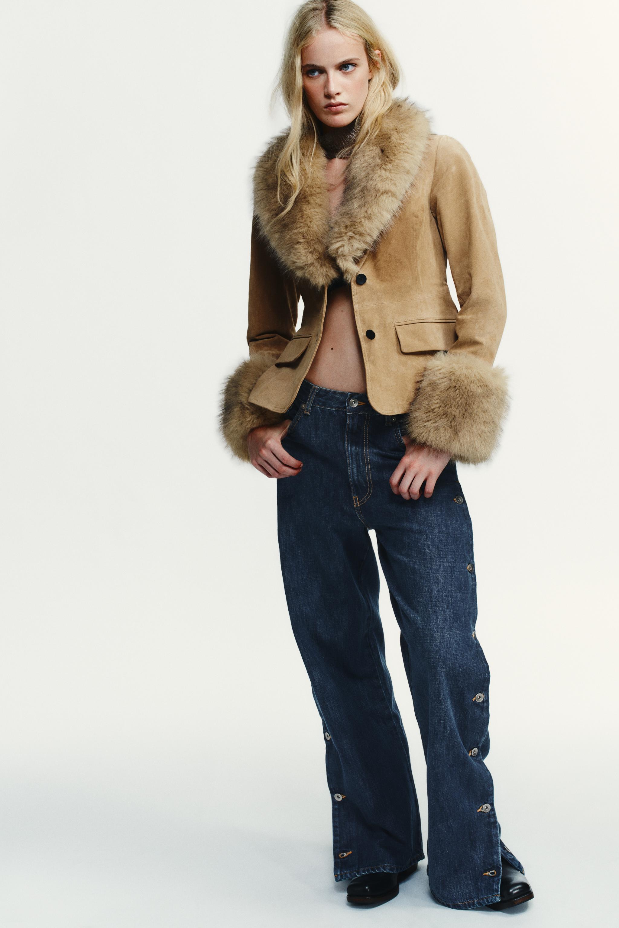 Tailored 100% Suede Leather Blazer With Faux Fur