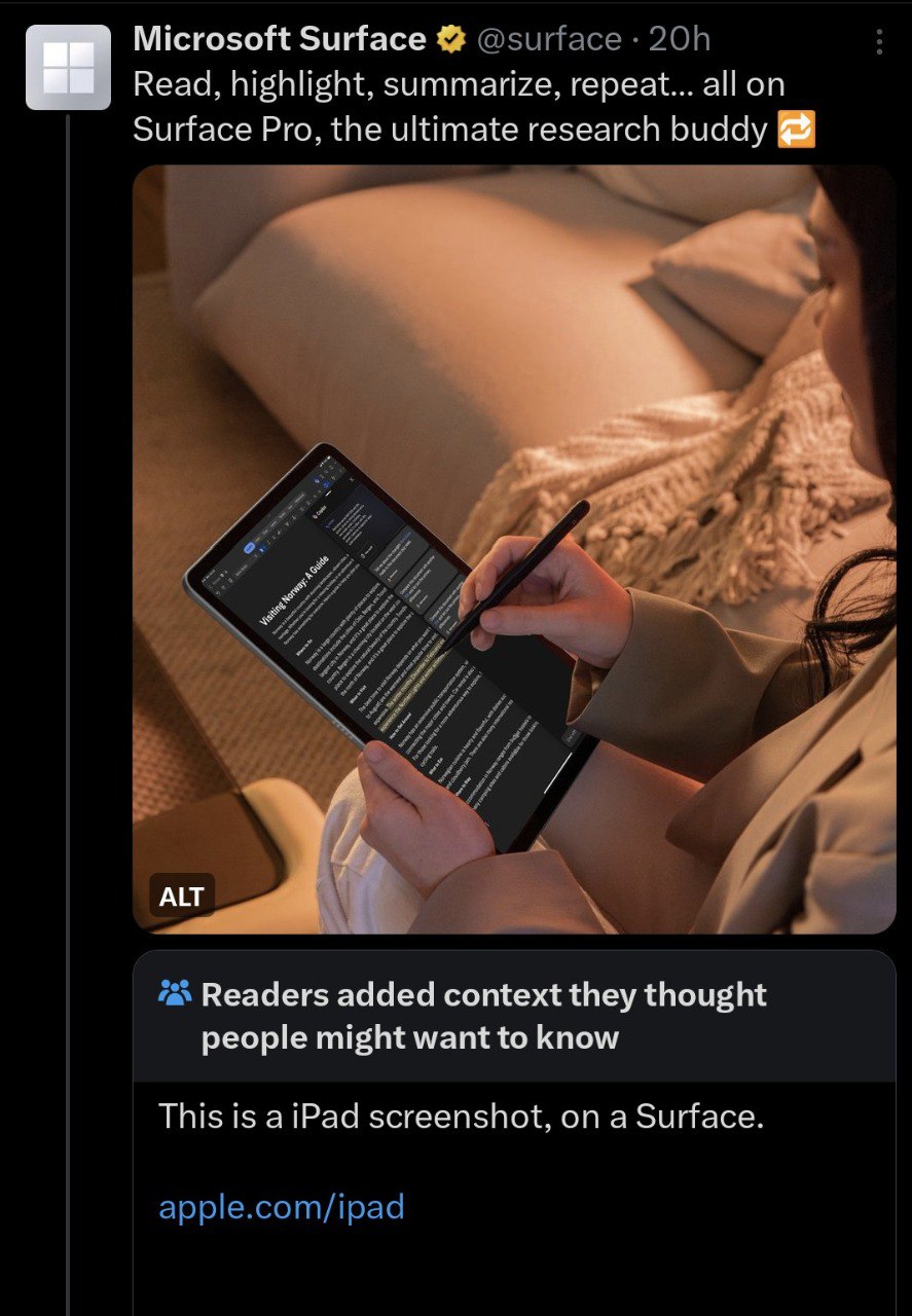 Microsoft Surface X page showcasing a Surface tablet alongside a poorly photoshopped screenshot of iPadOS on the screen
