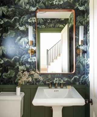 Olive green bathroom with olive painted wood