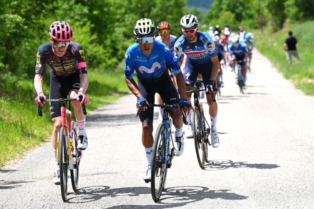 PRATI DI TIVO ITALY MAY 11 LR Georg Steinhauser of Germany and Team EF Education EasyPost Nairo Quintana of Colombia and Movistar Team and Julian Alaphilippe of France and Team Soudal QuickStep compete in the breakaway during the 107th Giro dItalia 2024 Stage 8 a 152km stage from Spoleto to Prati di Tivo 1451m UCIWT on May 11 2024 in Prati di Tivo Italy Photo by Tim de WaeleGetty Images