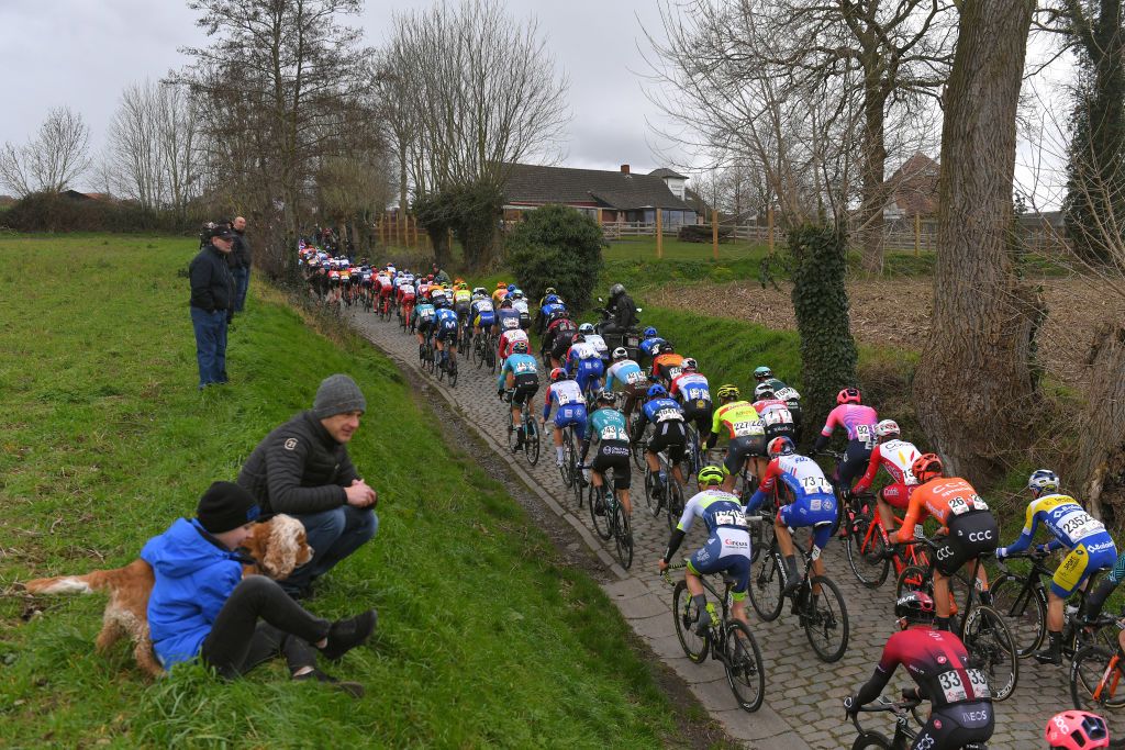 KUURNE BELGIUM MARCH 01 Oude Kwaremont Peloton Landscape Fans Public Cobblestones during the 72nd KuurneBrusselKuurne 2020 a 201km race from Kuurne to Kuurne KBK20 KuurneBxlKuurne KBK on March 01 2020 in Kuurne Belgium Photo by Tim de WaeleGetty Images
