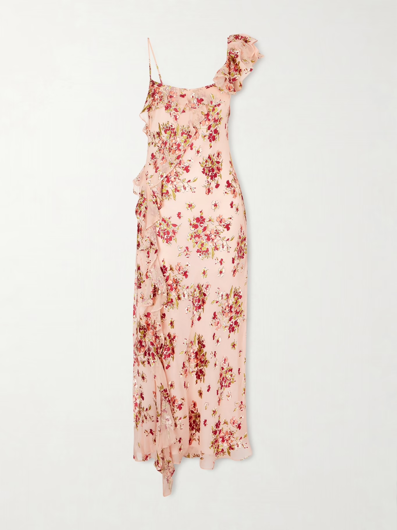 Rixo Asymmetric Floral-Print Chiffon and D&amp;eacute;vor&amp;eacute;-Velvet Maxi Dress