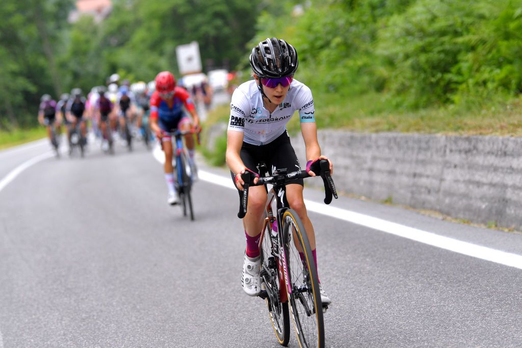 PRATO NEVOSO ITALY JULY 03 Niamh FisherBlack of New Zealand and Team SD Worx White Best Young Rider Jersey during the 32nd Giro dItalia Internazionale Femminile 2021 Stage 2 a 1001km stage from Boves to Prato Nevoso Colle del Prel 1607m GiroDonne UCIWWT on July 03 2021 in Prato Nevoso Italy Photo by Luc ClaessenGetty Images
