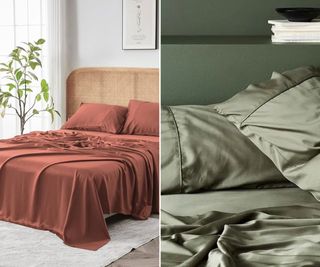 Clay-colored Tencel sheets beside forest green bamboo sheets.