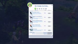 How to buy animal clothes in Sims 4 Cottage Living - menu