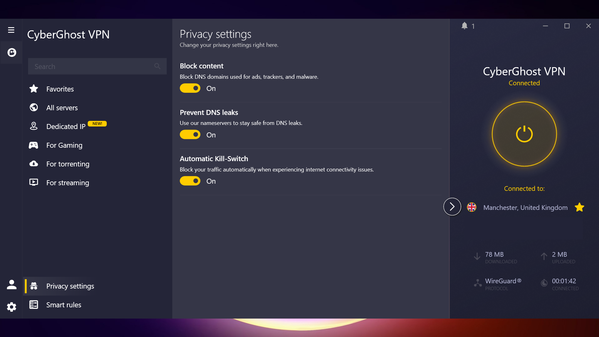 CyberGhost privacy settings
