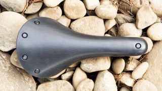 The top-view of a Brooks Cambium C13 saddle, showing its rivets and rounded shape