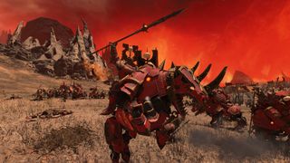 A Skullcrusher rearing his mount and raising his spear in Total War: Warhammer 3