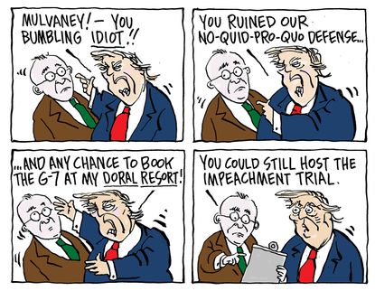 Political Cartoon U.S. Trump Mulvaney No Quid Pro Quo Impeachment Trial Doral Resort