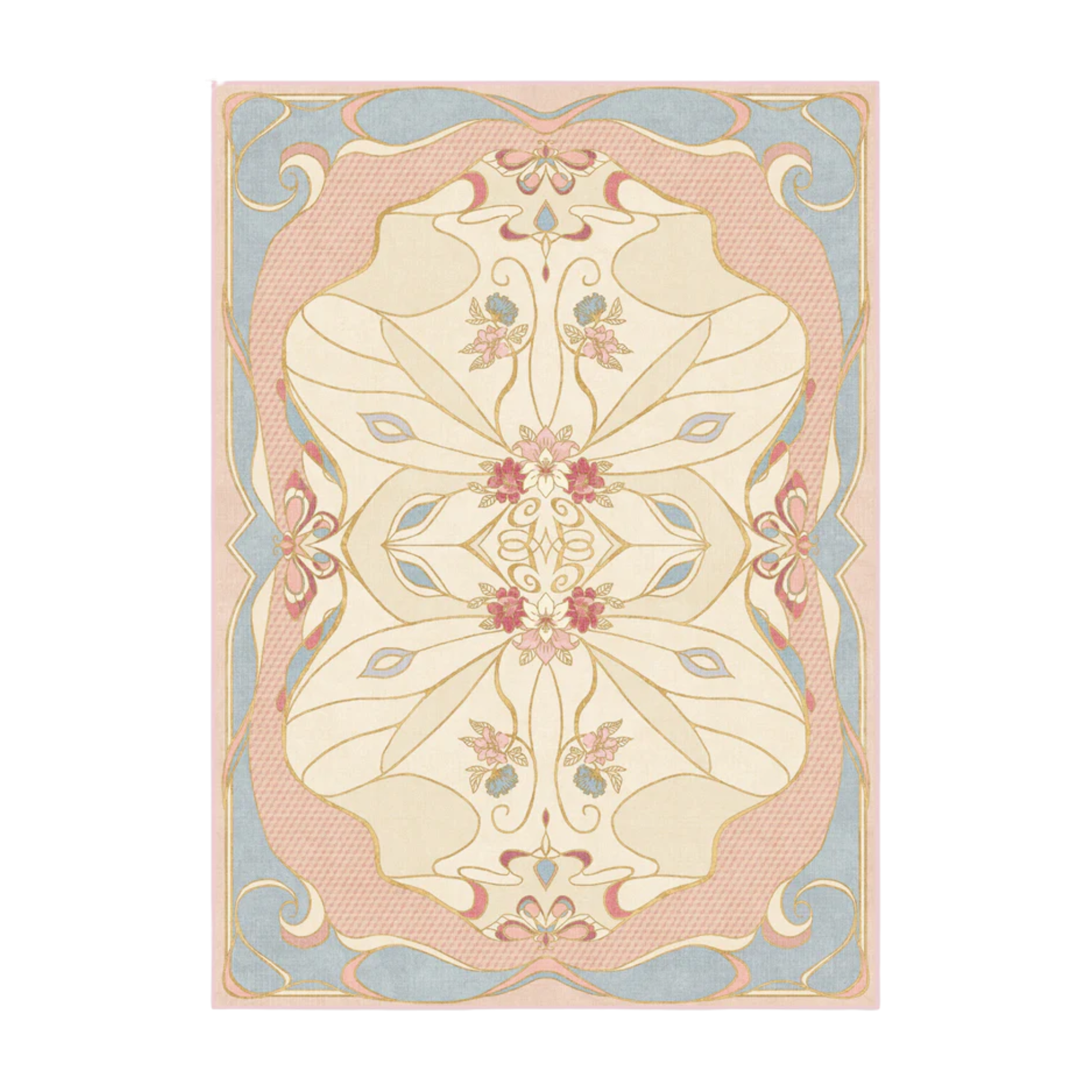 an abstract yellow, pink, and blue rug