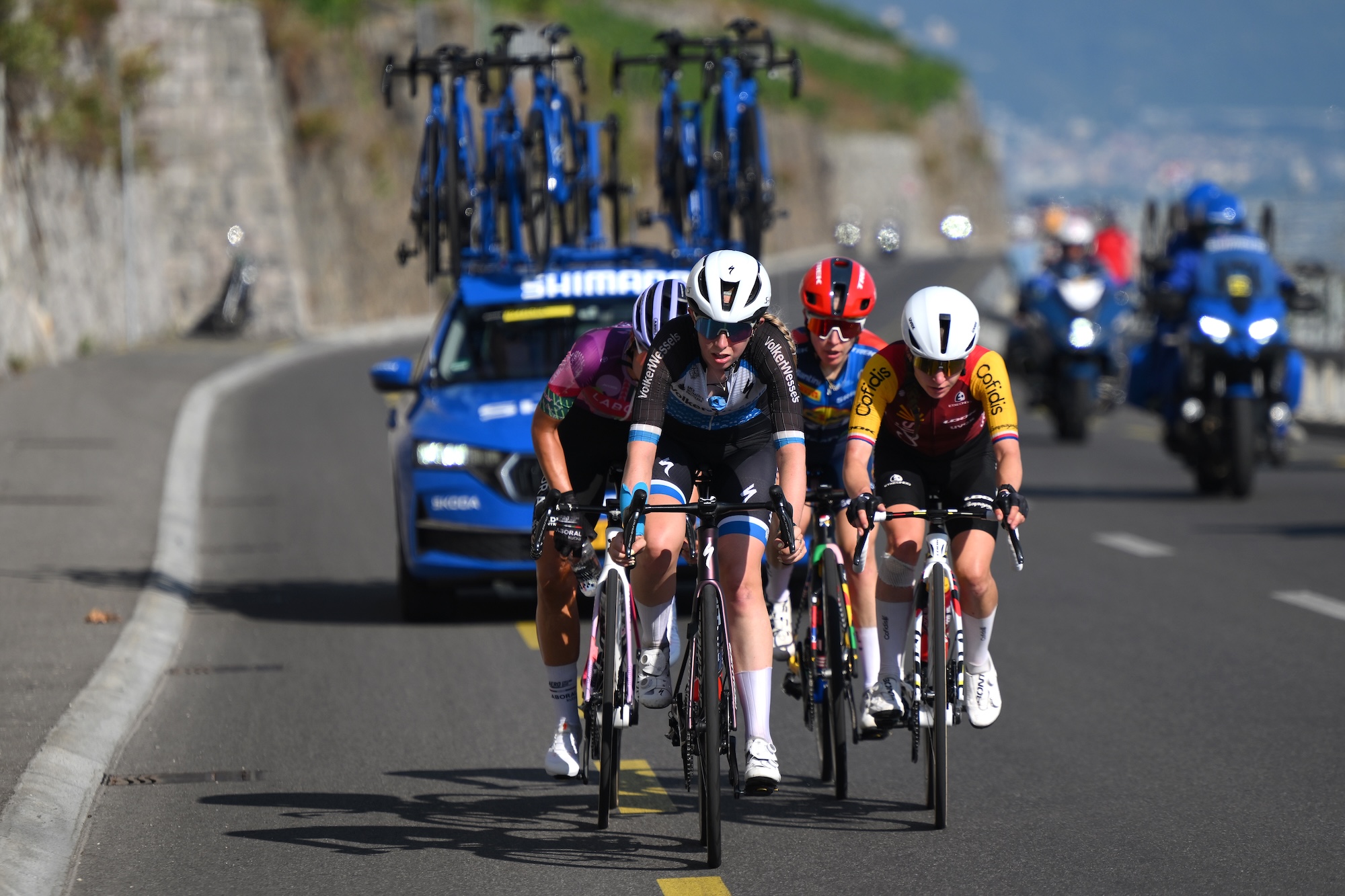 Maud Rijnbeek, Amanda Spratt, Nikola Noskova compete in the breakaway during the 5th Tour de France Femmes 2026, Stage 1