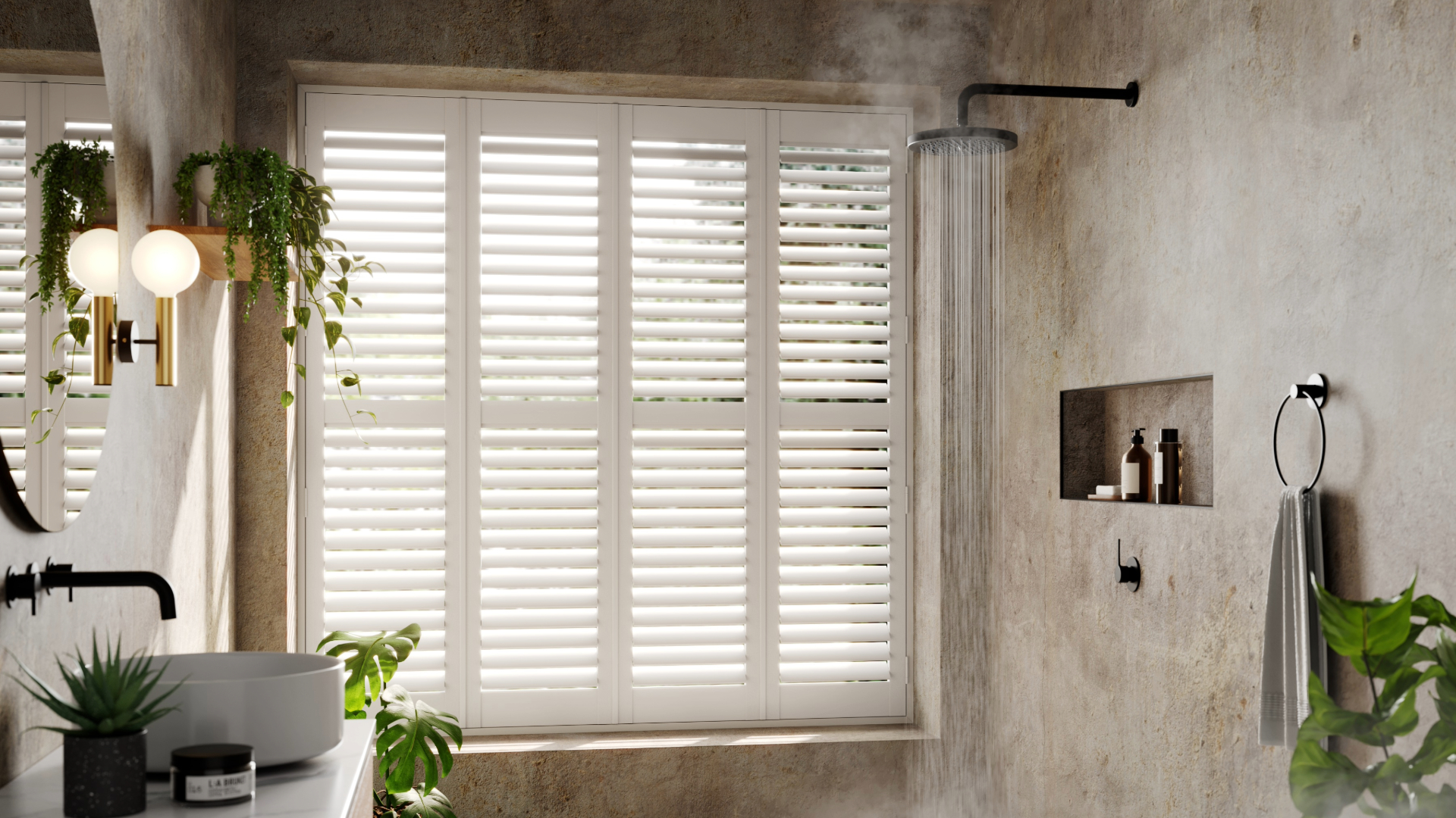 Wooden shutters in bathroom
