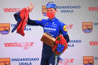 ONDARROA SPAIN APRIL 09 Podium Mikkel Honore of Denmark and Team Deceuninck QuickStep Celebration during the 60th ItzuliaVuelta Ciclista Pais Vasco 2021 Stage 5 a 1602km stage from Hondarribia to Ondarroa itzulia ehitzulia on April 09 2021 in Ondarroa Spain Photo by David RamosGetty Images