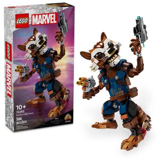 Lego Marvel Rocket and Baby Groot on a white background
