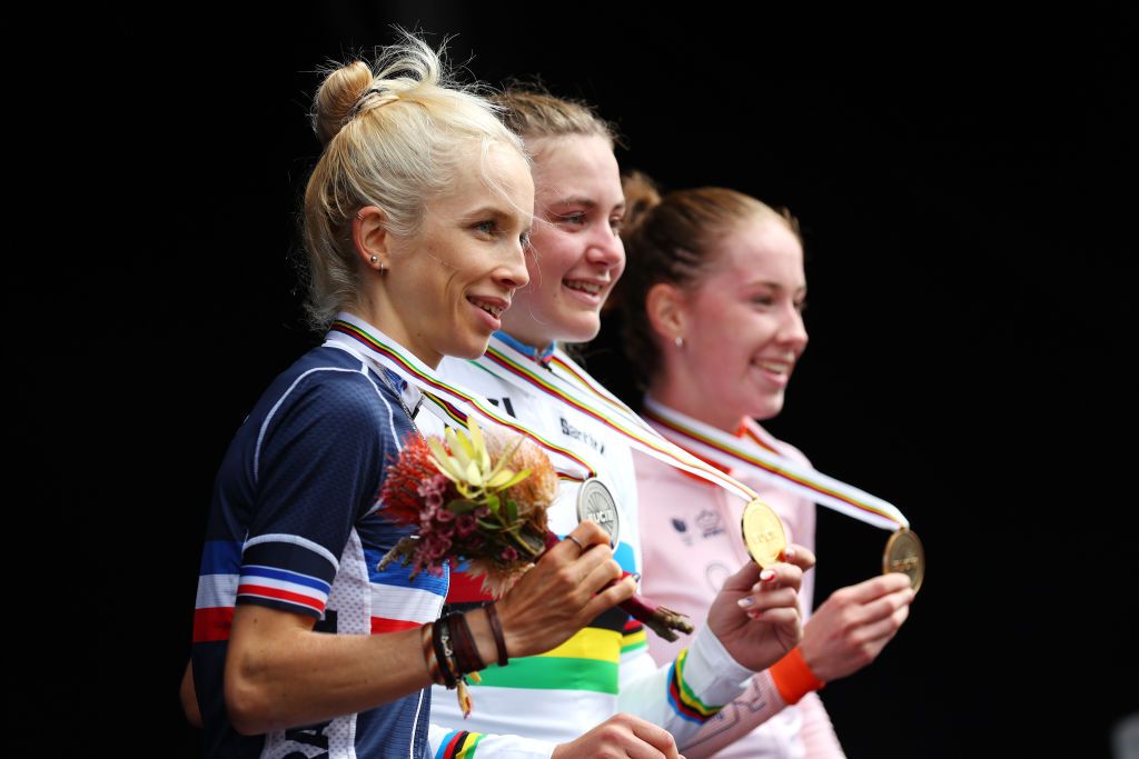 WOLLONGONG AUSTRALIA SEPTEMBER 24 Silver medalist Eglantine Rayer of France poses on the podium during the medal ceremony after the 95th UCI Road World Championships 2022 Women Junior Road Race a 672km one day race from Helensburgh to Wollongong Wollongong2022 on September 24 2022 in Wollongong Australia Photo by Con ChronisGetty Images