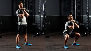 Man demonstrates two positions of the double kettlebell front-rack squat