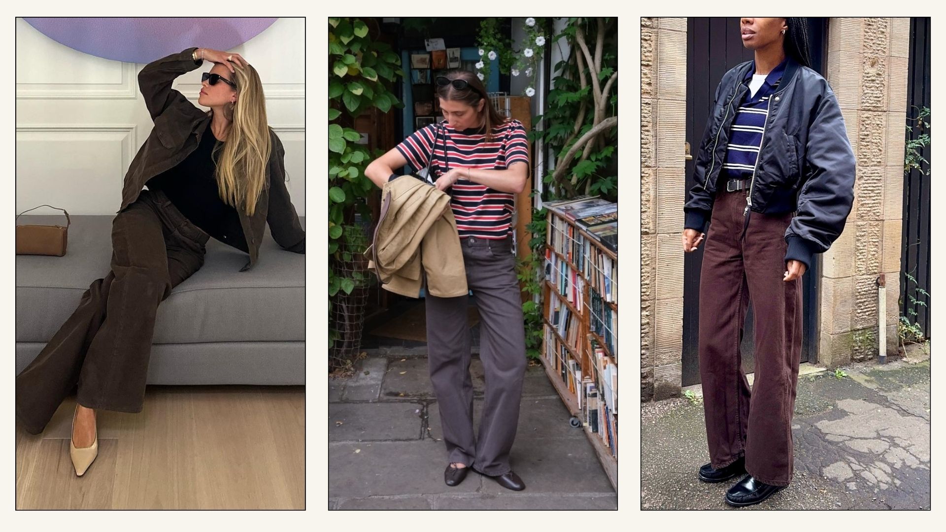 Collage of influencers wearing brown jeans with pointed-toe heels, brown ballet flats and black loafers.