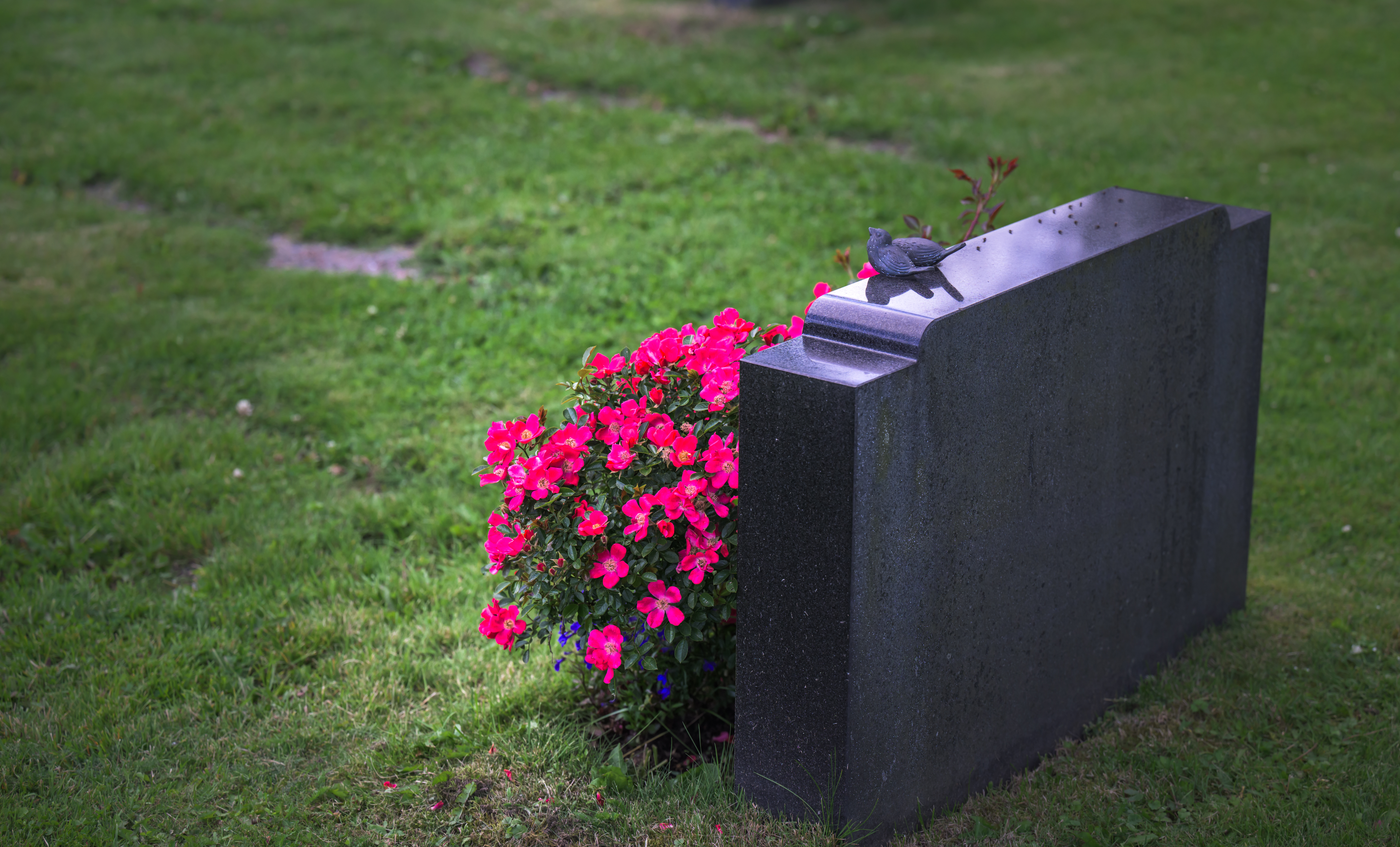 Black gravestone with spray of red flowers at base