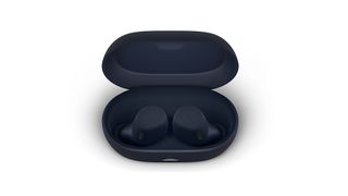 The Jabra Elite 7 Active earbuds in navy pictured in their charging case on a white background.