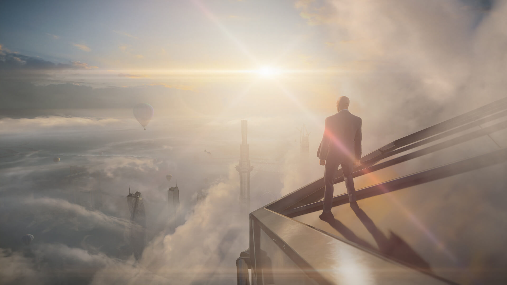 Agent 47 hanging out on top of a skyscraper